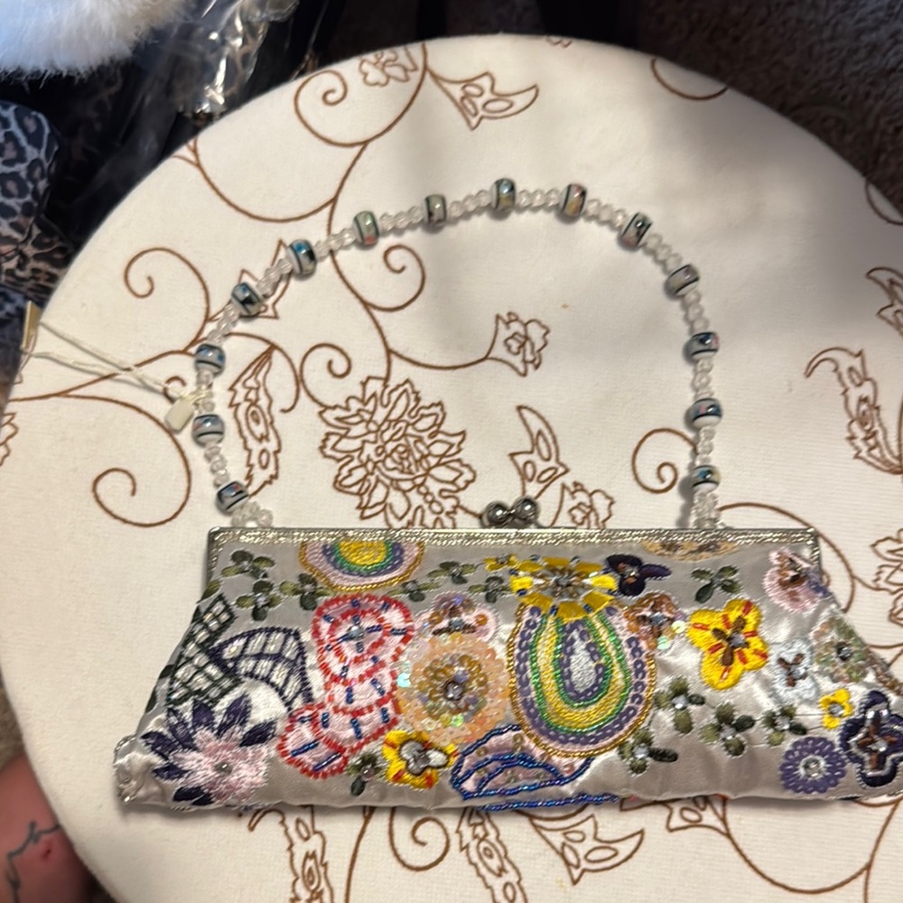 Embroidered Floral Clutch with Beaded Handle